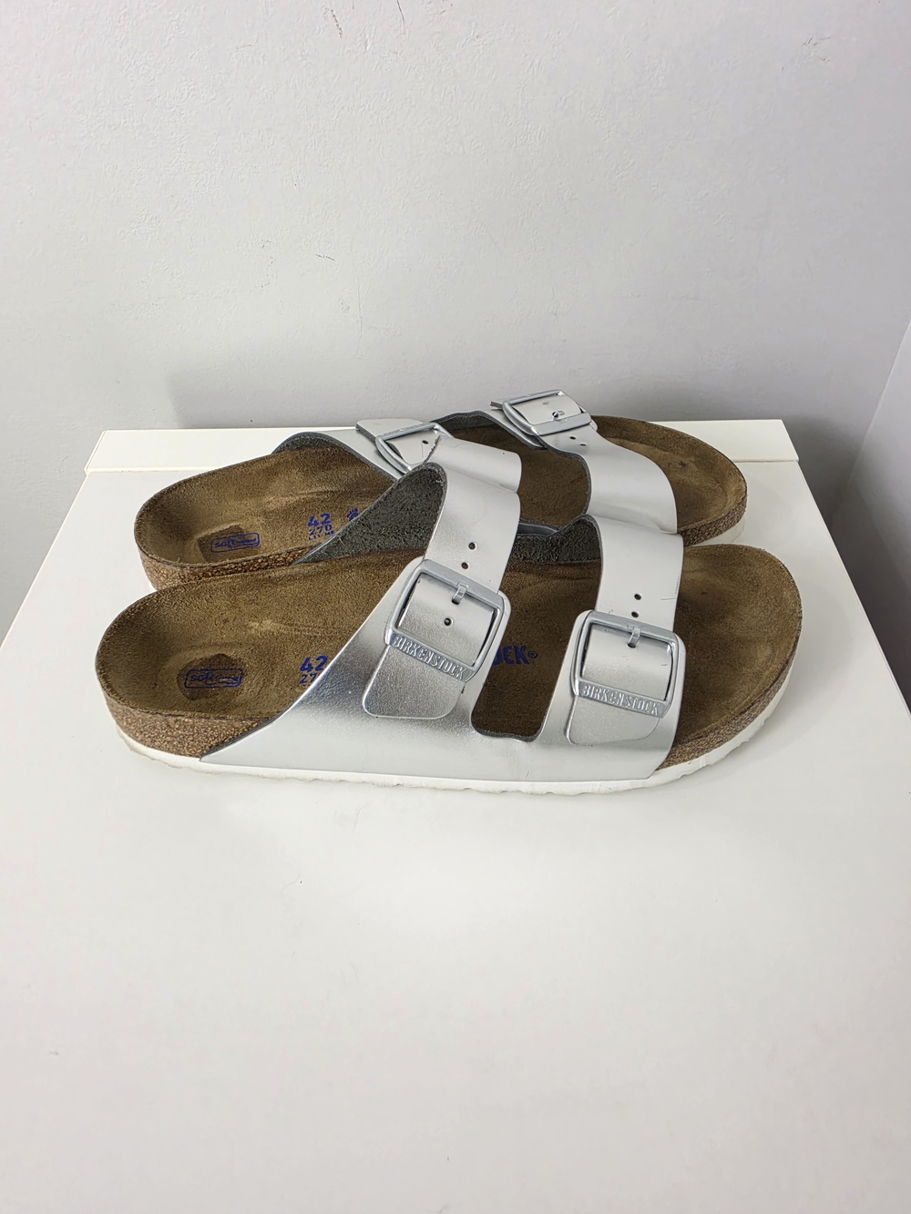 Birkenstock Arizona Silver Metallic Leather Soft Footbed Sandals Size 42 M9 W11